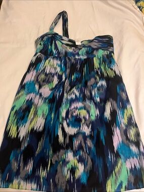 Ann Taylor One-Shoulder Abstract Print Dress in Navy, Teal, Aqua, Lime